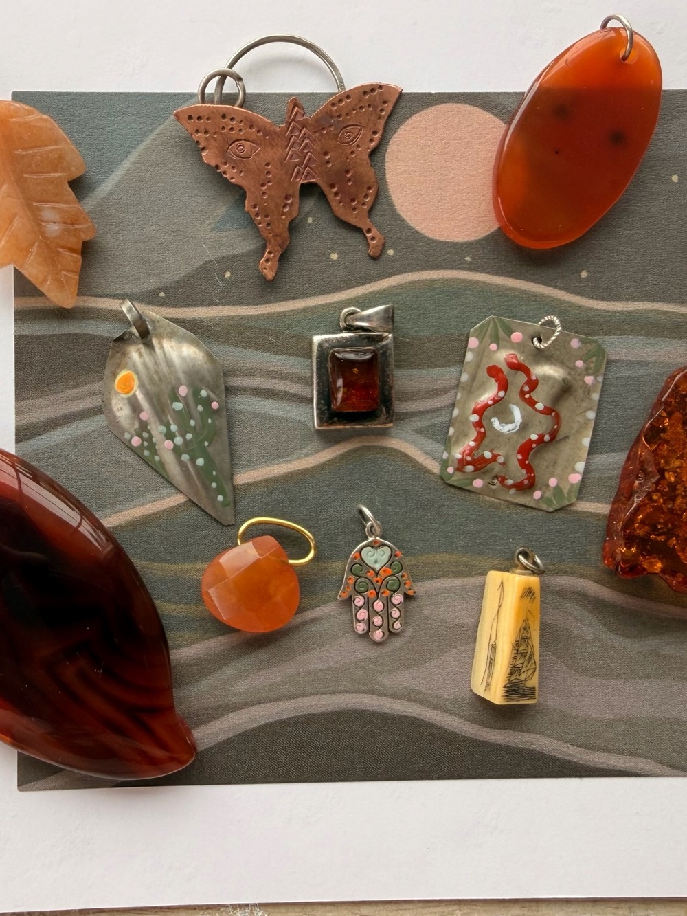 Vintage and handmade pendants Amber & Carnelian Charm Pendant lot
